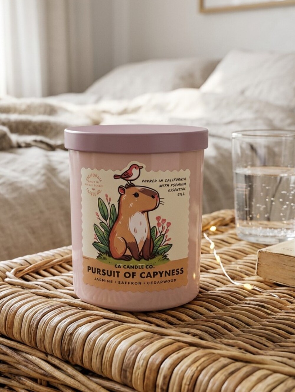 New Leoben candle, Pursuit of Capyness pink with lid, white candle, Capybara